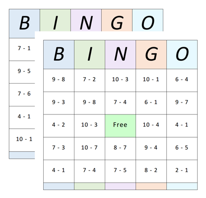 Bingo Cards - Subtraction - 1 to 10